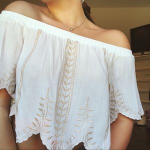 Off the Shoulder Flowy Crop with Gold Embroidery